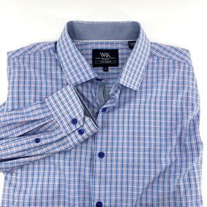 WRK Work Rest Karma Men Long Sleeve Blue Pink Plaid Stretch Dress Shirt Sz 17